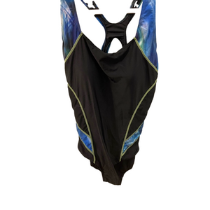 Workout swimsuit size large black with color side striped design